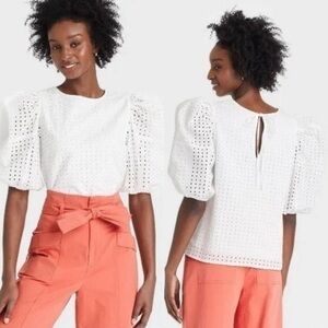 A New Day White eyelet lace Puff Sleeve Cotton Top Size Small